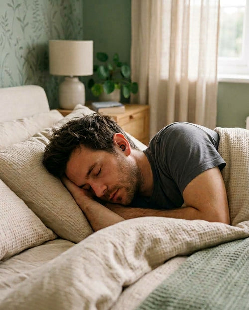 Homme endormi sur le côté, un bouchon d'oreille Quiet Sommeil noir dans l'oreille