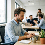Homme concentré au bureau en open space avec un bouchon d'oreille Quiet Social noir