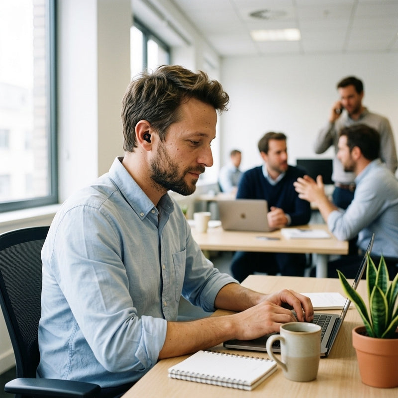 Homme concentré au bureau en open space avec un bouchon d'oreille Quiet Social noir