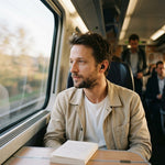 Homme dans le train avec un bouchon d'oreille Quiet Social noir