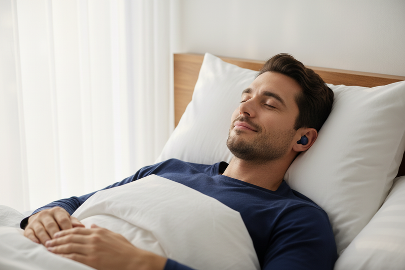 Homme allongé sur le dos dormant avec bouchons bleus Quiet sommeil