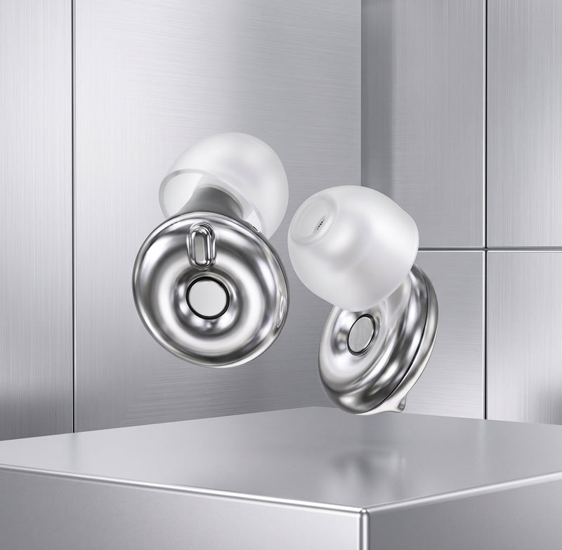 Bouchons d'oreilles QUIET Adapte argentés avec embouts en silicone transparent, design ajustable et moderne