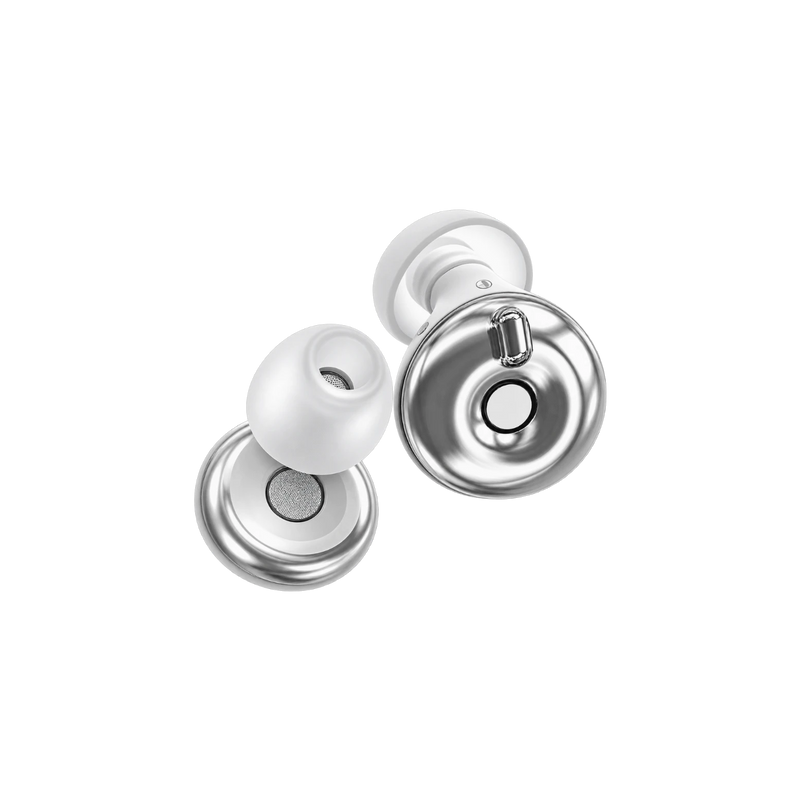 Bouchons d'oreilles QUIET Adapte argentés avec embouts en silicone blanc et molette de réglage du bruit intégrée