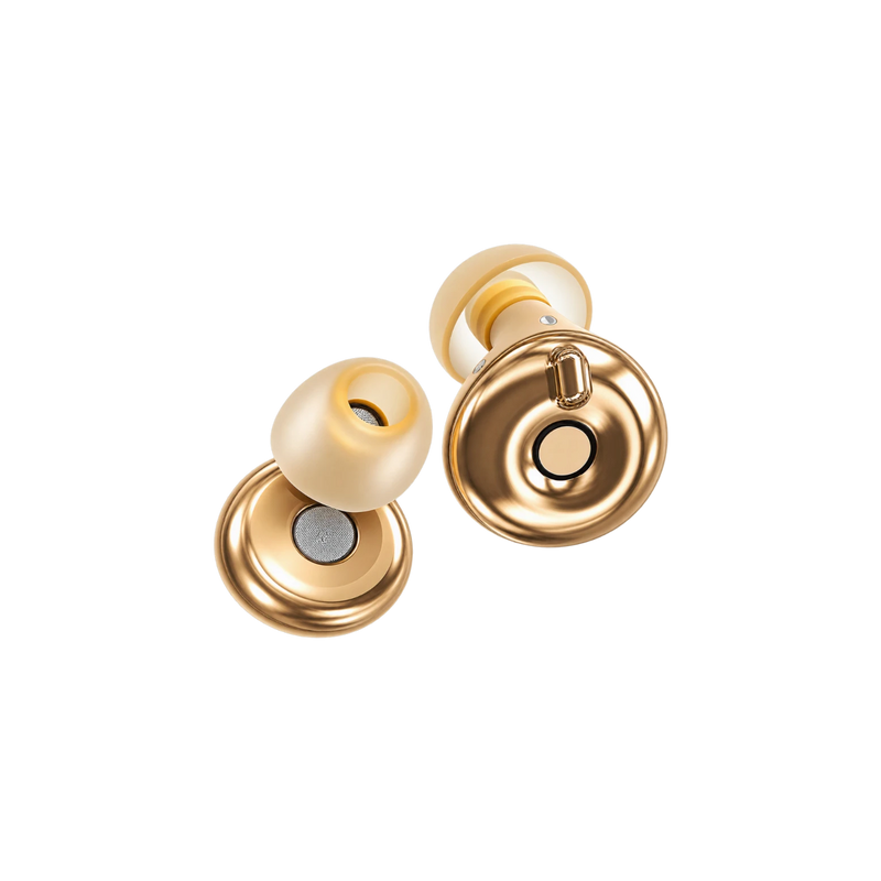 Bouchons d'oreilles QUIET Adapte dorés avec embouts en silicone, dotés d'une molette de réglage du bruit ajustable.