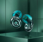 Bouchons d'oreilles QUIET Adapte en silicone vert avec molette ajustable sur un socle métallique assorti