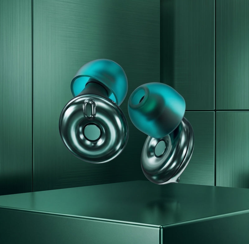 Bouchons d'oreilles QUIET Adapte en silicone vert avec molette ajustable sur un socle métallique assorti