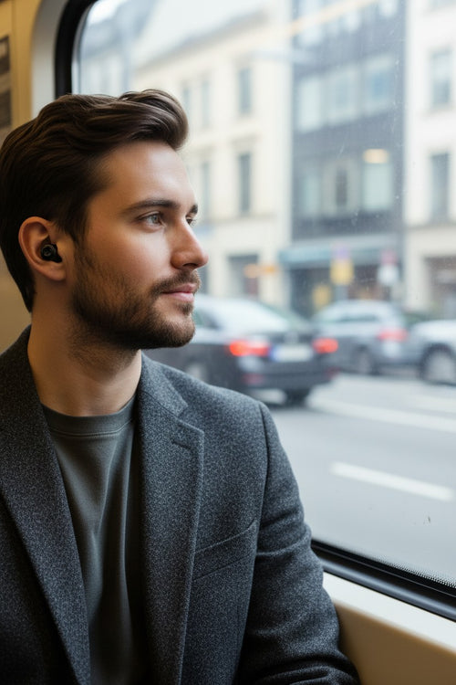 Homme portant des bouchons d'oreilles QUIET Adapte noirs en silicone dans un train, pour une réduction du bruit élégante.