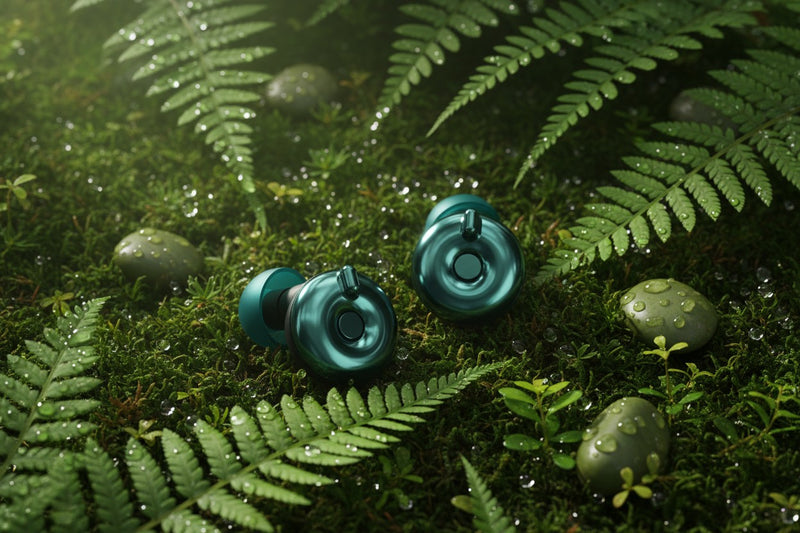 Bouchons d'oreilles QUIET Adapte vert émeraude avec molette ajustable, posés sur de la mousse humide et des fougères.