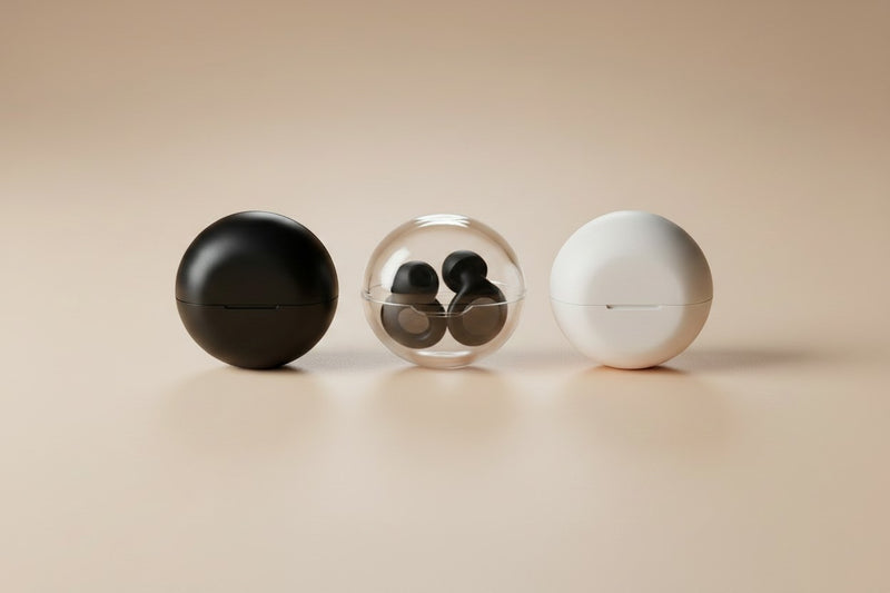 Trois étuis de rangement ronds QUIET en noir, transparent et blanc pour protéger des bouchons d'oreilles.