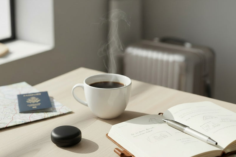 Étui de rangement noir QUIET pour bouchons d'oreilles posé sur un bureau près d'une tasse de café et d'un carnet.