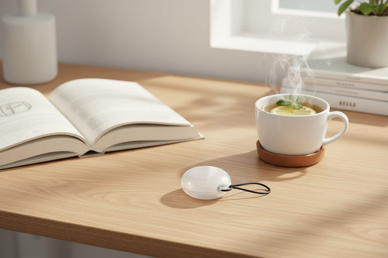 Étui de rangement rond et transparent QUIET pour bouchons d'oreilles posé sur un bureau en bois
