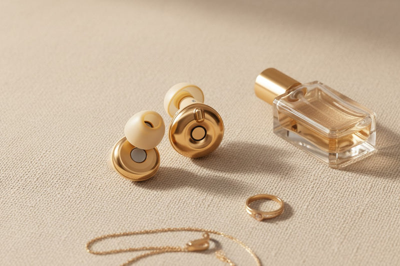 Bouchons d'oreilles QUIET Quiet Adapte dorés avec embouts en silicone sur une surface texturée beige