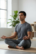 Homme pratiquant la méditation avec les bouchons d'oreilles QUIET Quiet Adapte noirs dans un intérieur lumineux