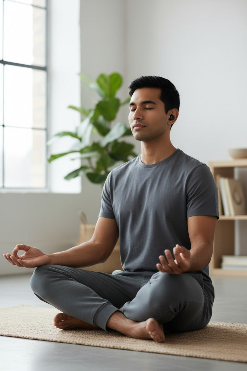 Homme pratiquant la méditation avec les bouchons d'oreilles QUIET Quiet Adapte noirs dans un intérieur lumineux