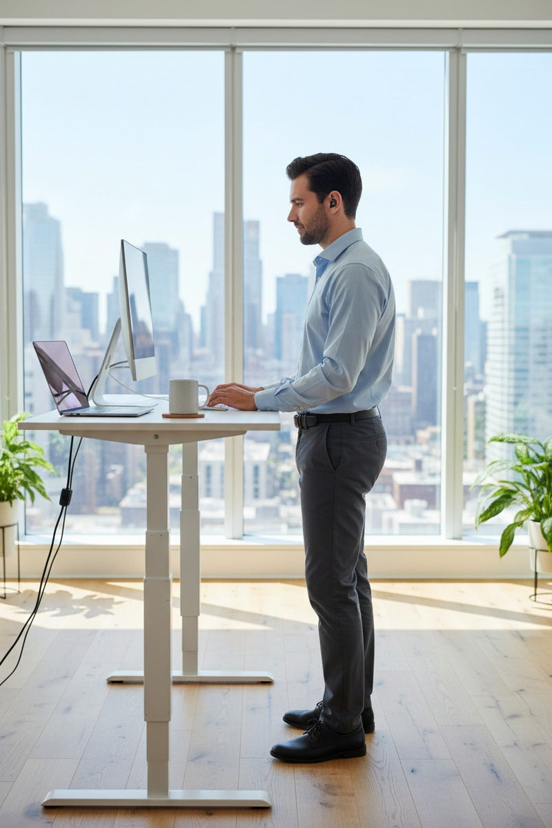 Homme portant des bouchons d'oreilles QUIET Adapte travaillant debout à son bureau dans un bureau moderne avec vue