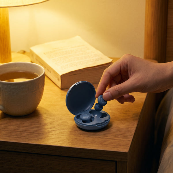 Main qui prend un bouchon d'oreille Quiet Sommeil bleu dans son étui, sur la table de nuit